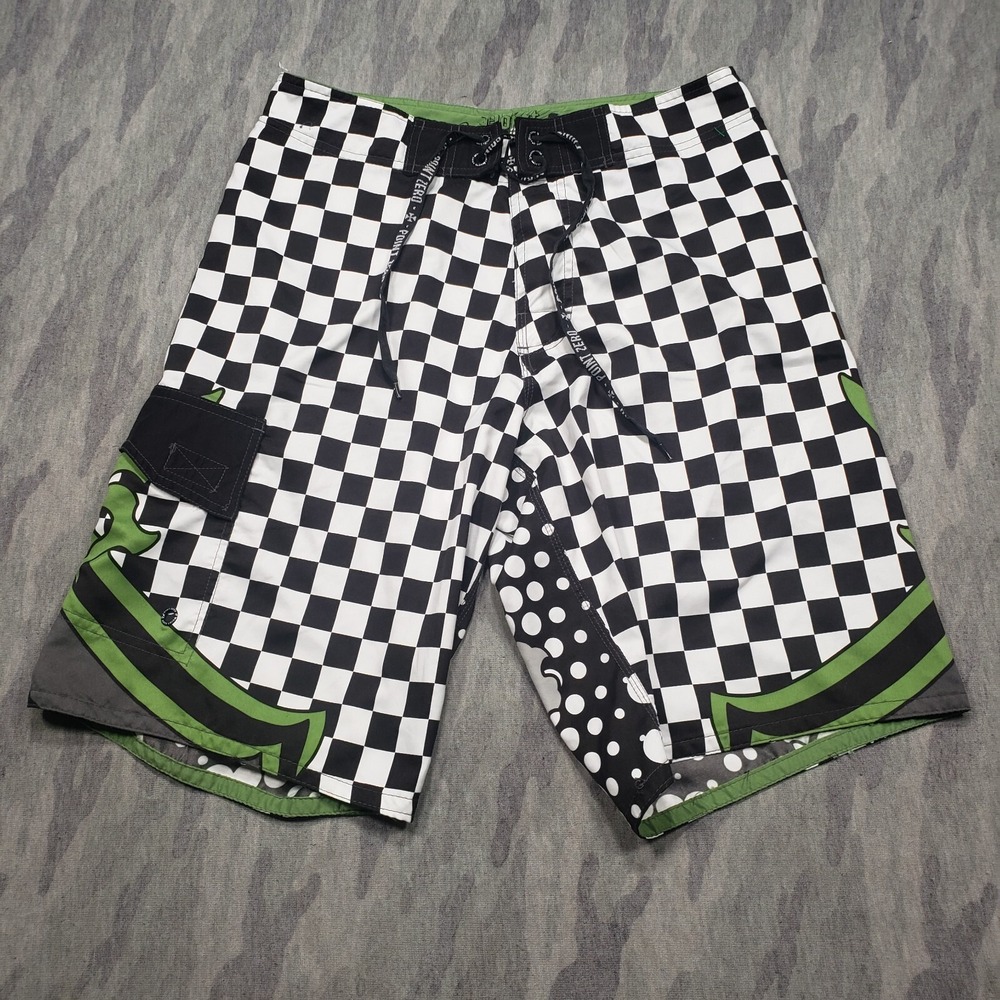 Point Zero Boardshorts Mens Small Black White Checked Drawstring Side Pocket